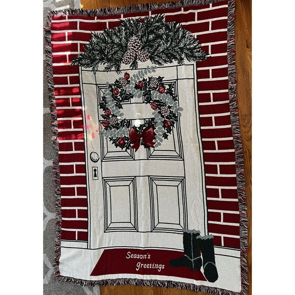 Vintage Chatham Woven Tapestry Throw Season's Greetings Cotton Blanket - Picture 6 of 7